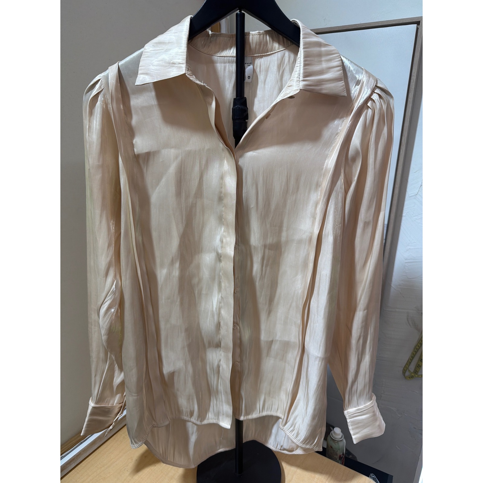Pulz Champagne Satin Button Down Blouse Pleated Shoulder Long Sleeve Xs